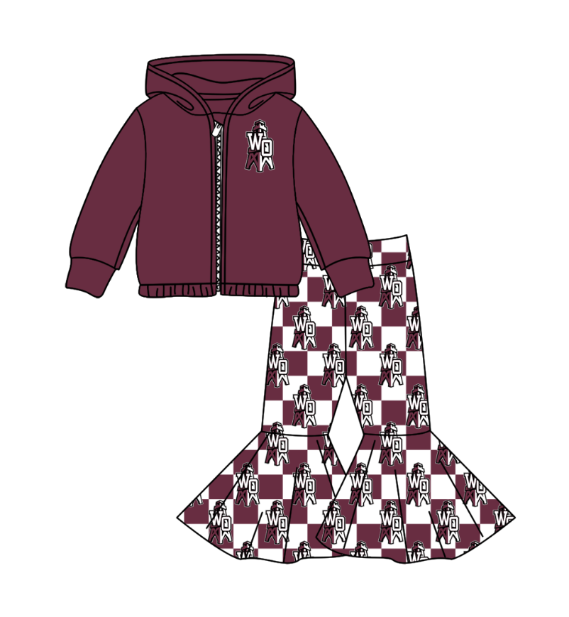 Preorder(moq 5) Baby Girls Dark Red WO Zipper Hoodie Jacket Bell Bottom Pants Team Clothes Sets