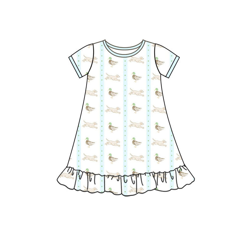 Preorder(moq 5) Baby Girls Ducks Dogs Stripe Hunting Ruffle Knee Length Dresses