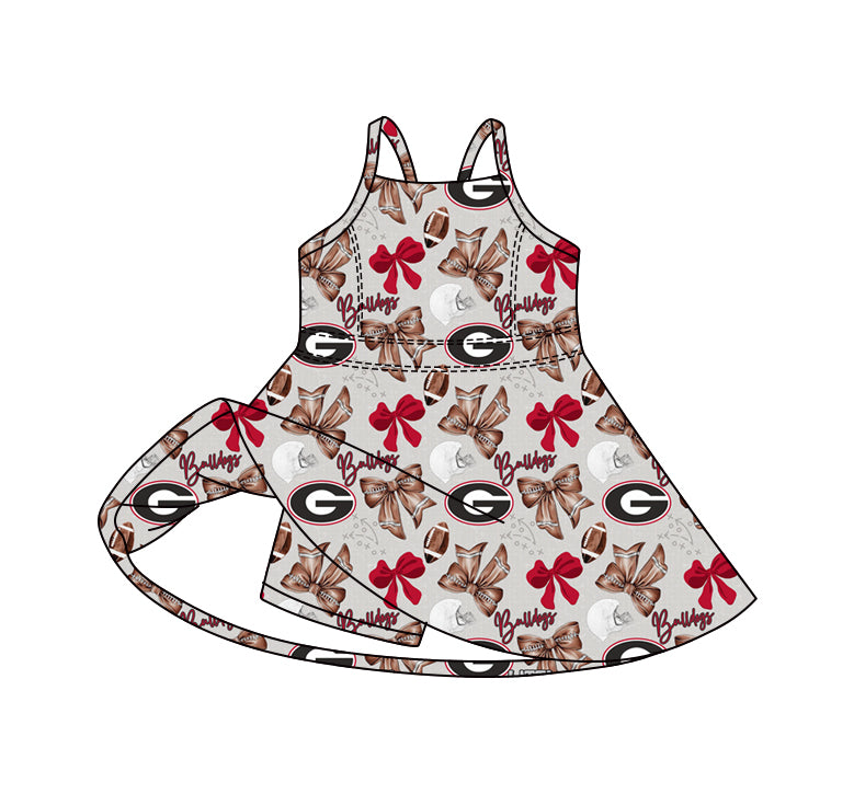 Preorder (moq 5)Baby Girls Strap Bows Footballs G Team Shorts Knee Length Dresses