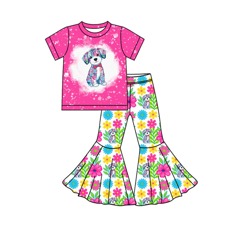Preorder(moq 5)Baby Girls Short Sleeve Floral Dogs Top Bell Bottom Pants Clothes Sets