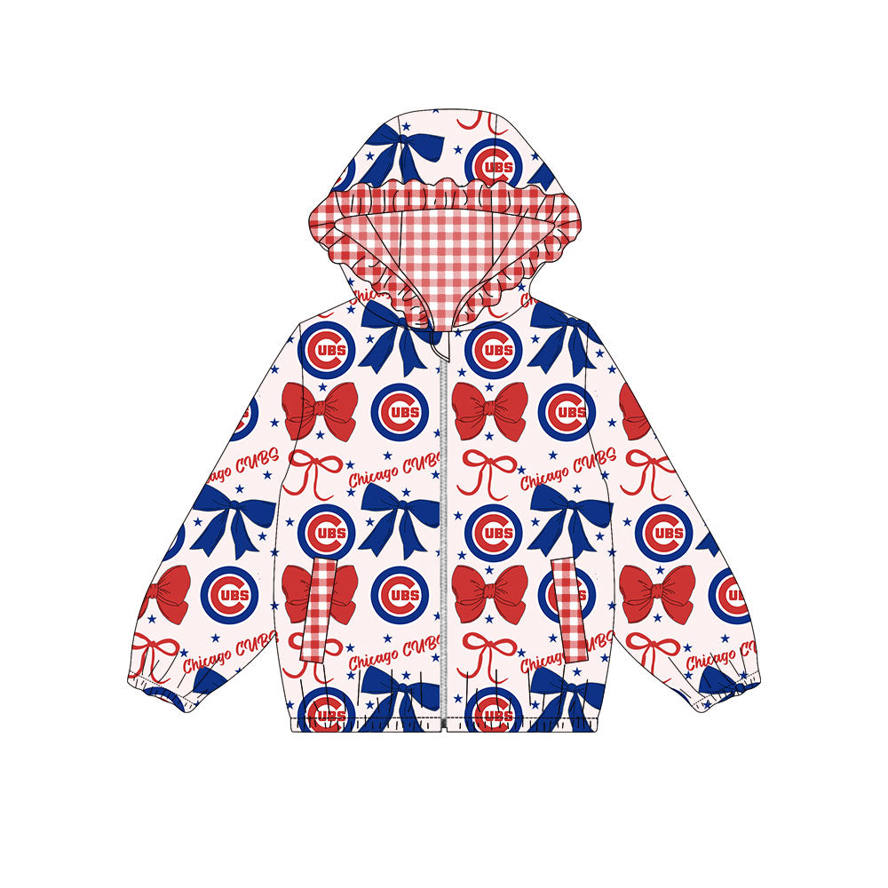 Preorder(moq 8)Baby Girls Red Blue Bows Chicago Cubs Pockets Zipper Team Ruffle Hoodies Jackets