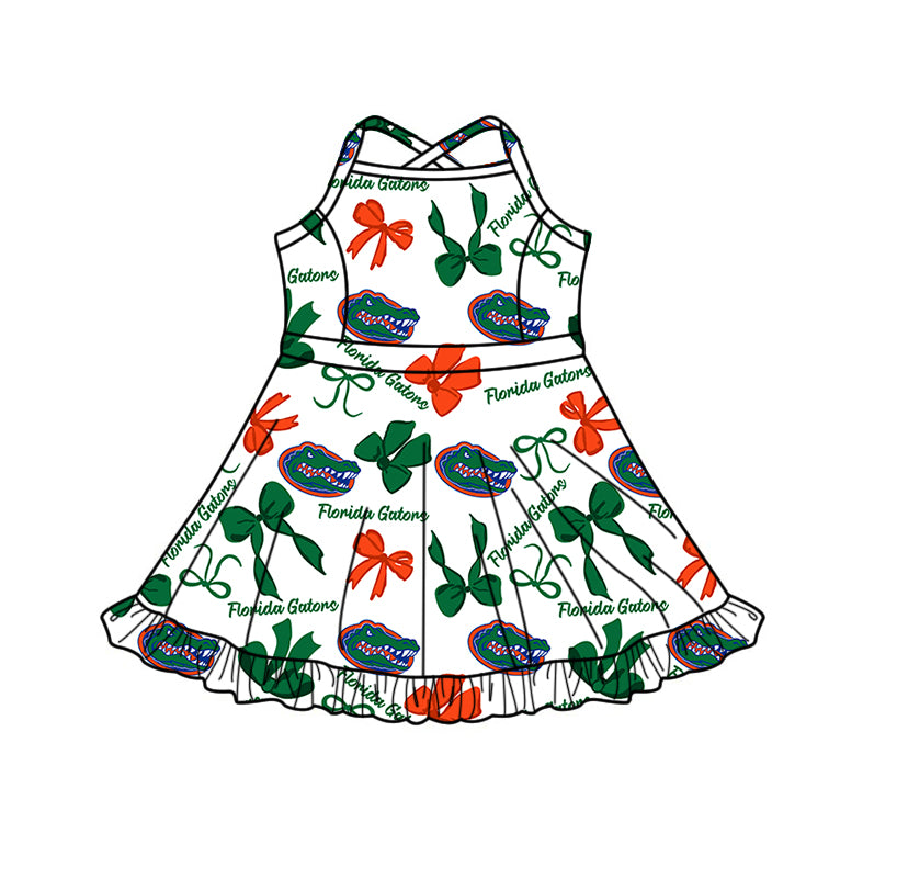 Preorder (moq 5)Baby Girls Strap Gators Bows Team Shorts Ruffle Knee Length Dresses