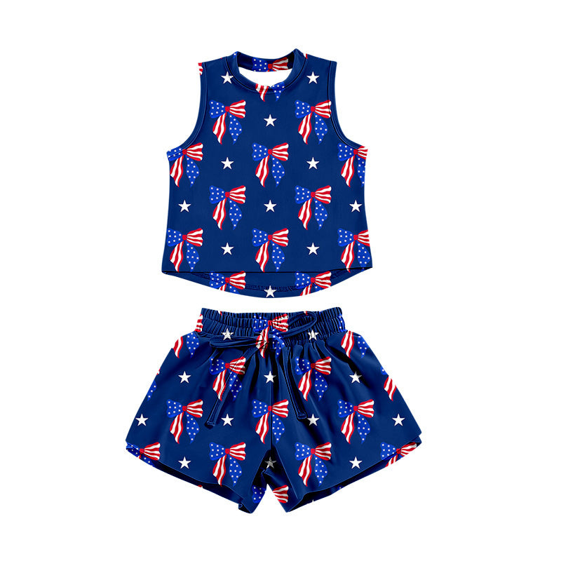 Preorder moq 5 Baby Girls Sleeveless Flag Bows Stars Top Short 4th of July Clothes Sets