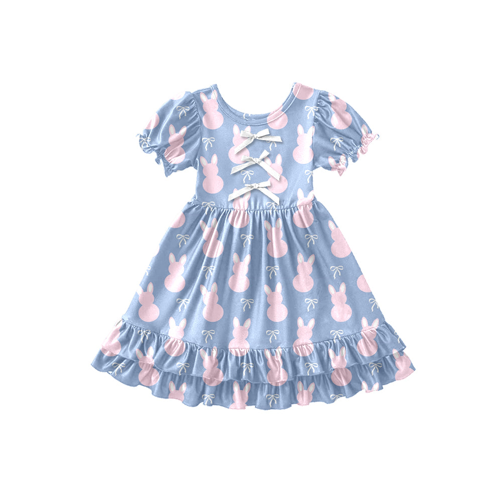 Preorder (moq 5)Baby Girls Rabbits Bows Easter Ruffle Knee Length Dresses