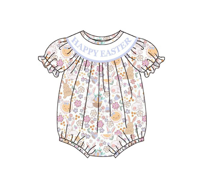 Preorder (moq 8)Baby Girls Flowers Rabbits Happy Easter Ruffle Rompers