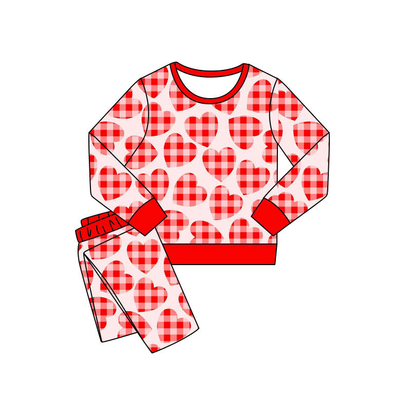 Preorder(moq 5) Baby Girls Red Checked Hearts Pants Valentines Pajamas Sets