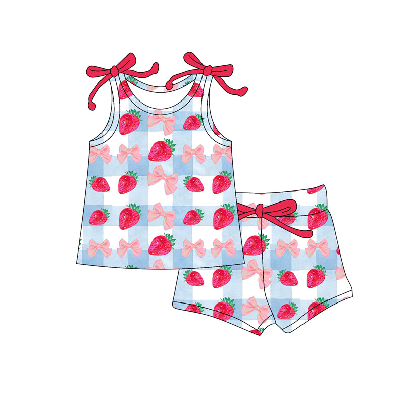 Preorder (moq 5)Baby Girls Sleeveless Bows Strawberry Checked Top Shorts Clothes Set
