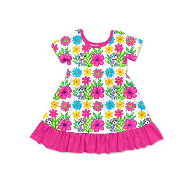 Preorder (moq 5)Baby Girls Short Sleeve Floral Dogs Ruffle Knee Length Dresses