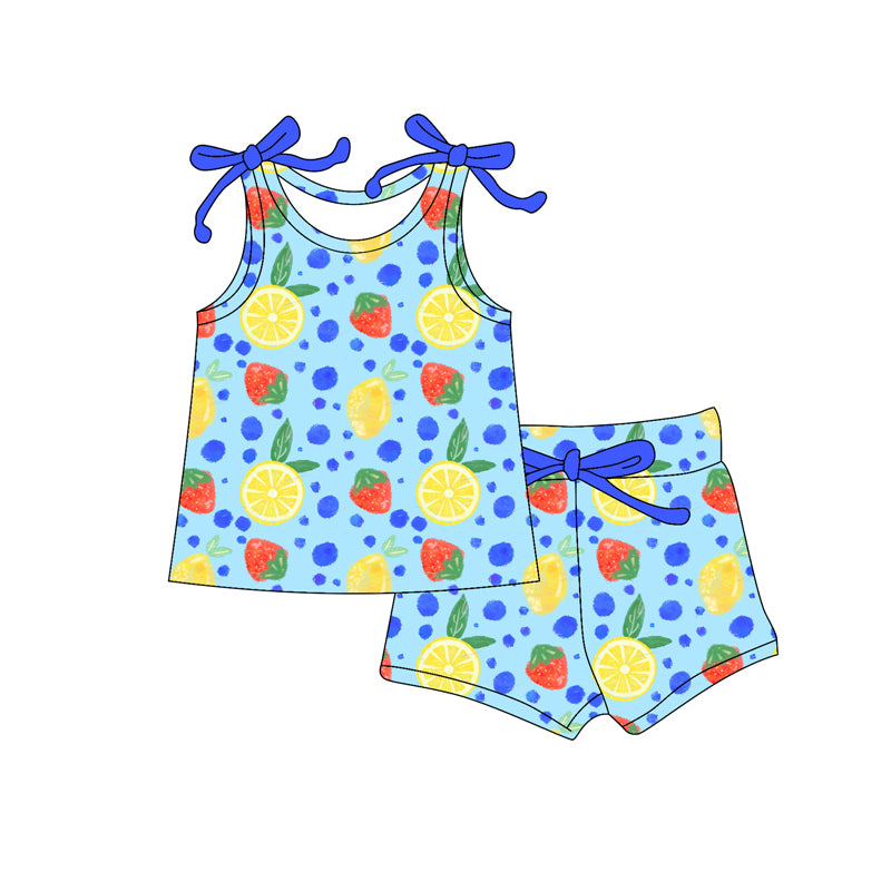 Preorder (moq 5)Baby Girls Bows Sleeveless Lemons Strawberry Top Shorts Clothes Set