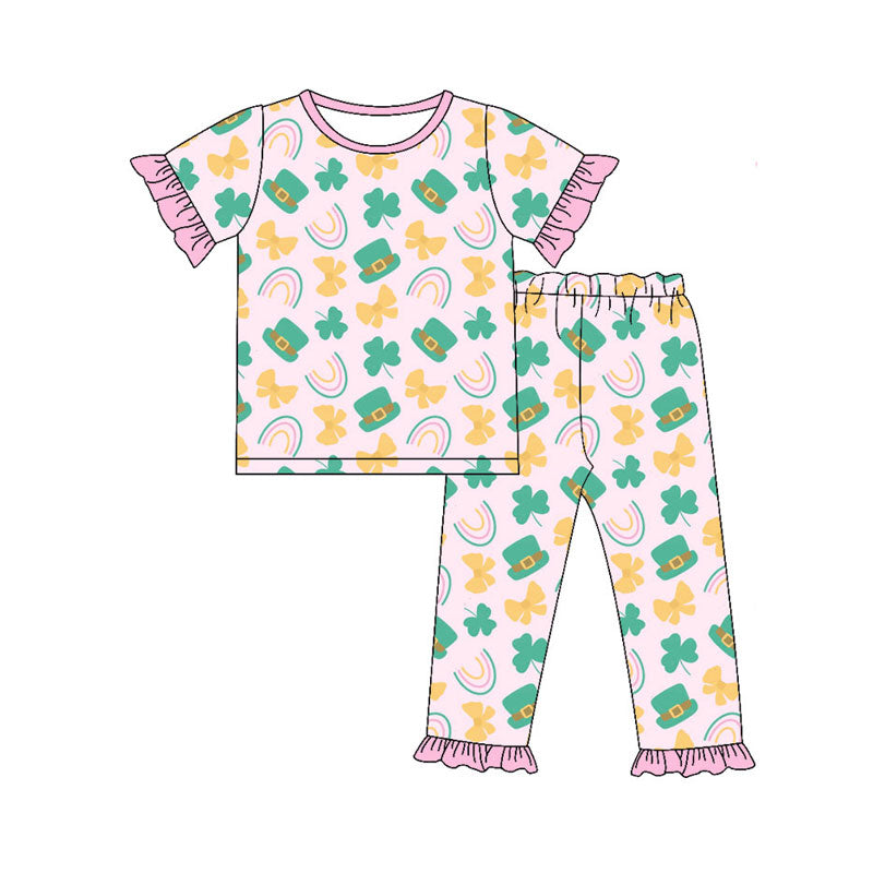Preorder(moq 5) Baby Girls Clovers Hats Bows Top Ruffle Pants St Patrick Pajamas Set