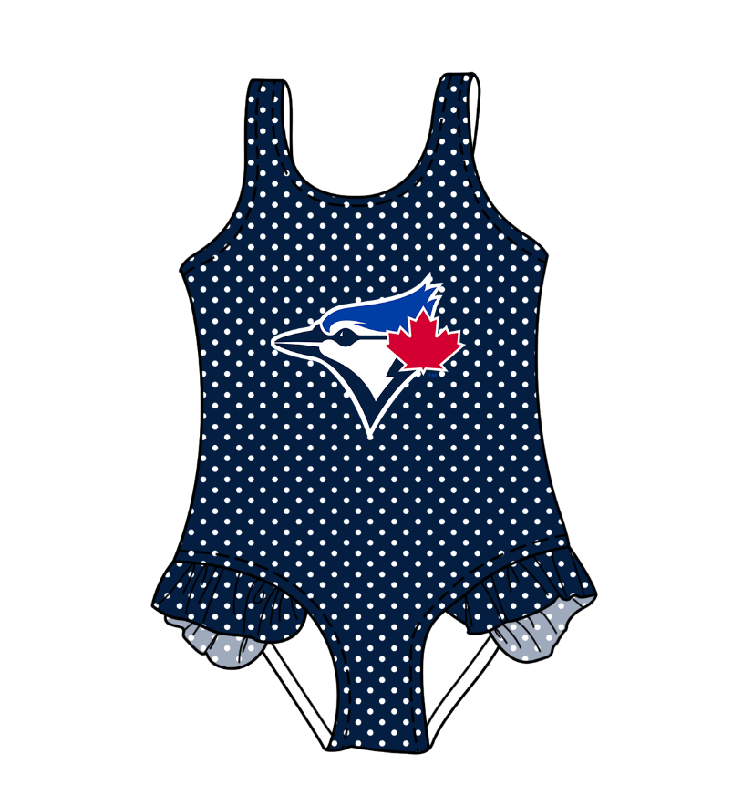 Preorder moq 5 Baby Girls Sleeveless Navy Polka Dots Eagles Team Swimsuits