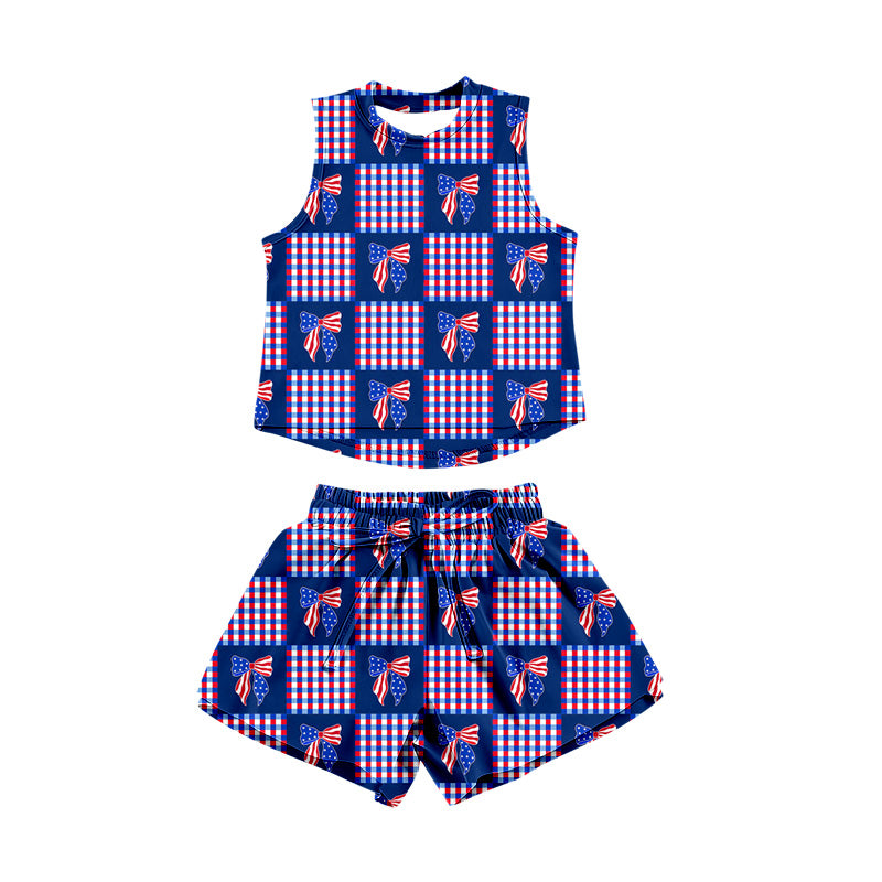Preorder moq 5 Baby Girls Sleeveless Flag Bows Checked Top Short 4th of July Clothes Sets