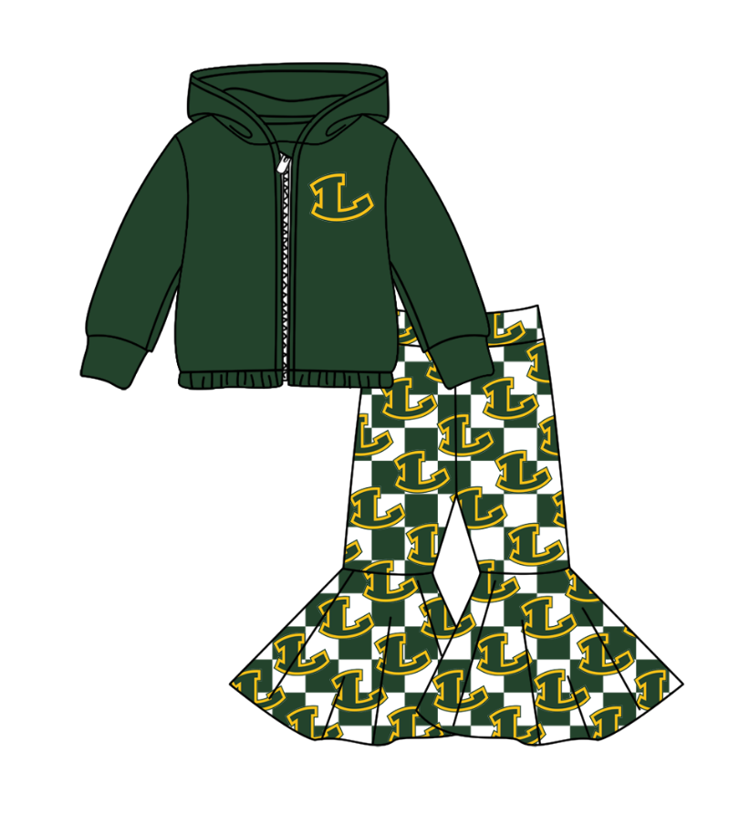 Preorder(moq 5) Baby Girls Green L Zipper Hoodie Jacket Bell Bottom Pants Team Clothes Sets