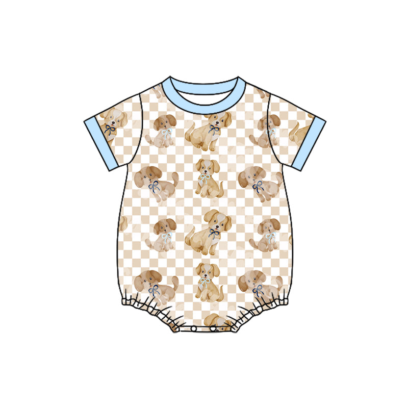 preorder(moq 5) Baby Boys Short Sleeve Khaki Checked Dogs Rompers