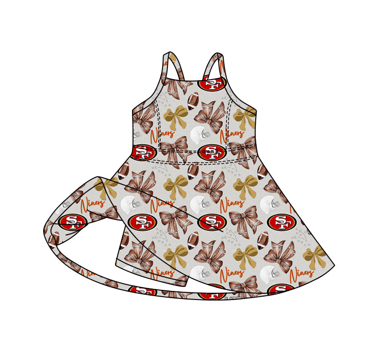 Preorder (moq 5)Baby Girls Strap Bows Footballs SF Team Shorts Knee Length Dresses