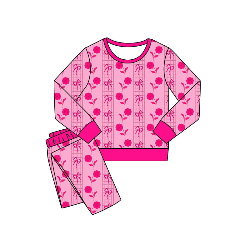 Preorder(moq 5) Baby Girls Pink Bows Flowers Stripe Pants Valentines Pajamas Sets