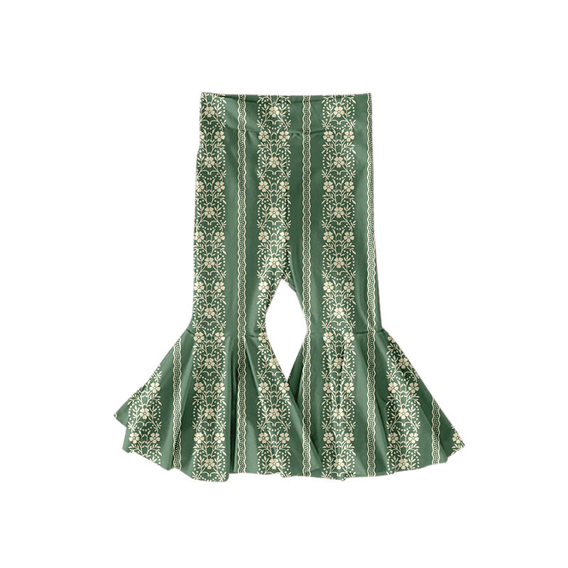 Preorder (moq 5)Baby Girls Green Flowers Stripe Bell Bottom Pants
