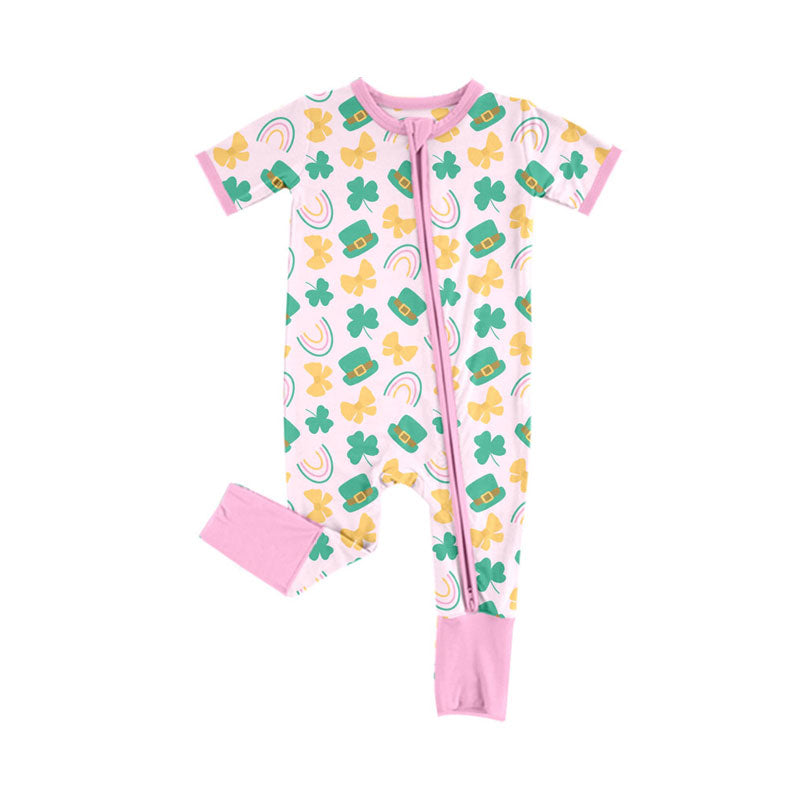 Preorder (moq 5)Baby Girls Clovers Hats Bows St Patrick Zipper Footie Rompers