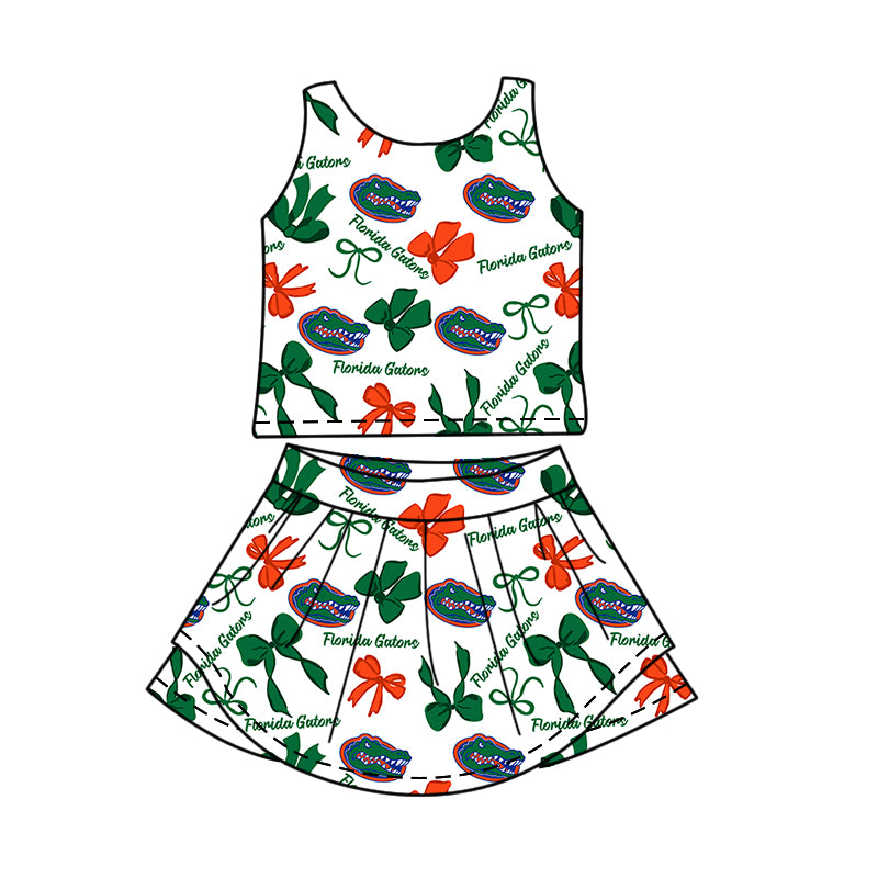 Preorder (moq 5)Baby Girls Sleeveless Gators Bows Top Skirt Shorts Team Clothes Sets