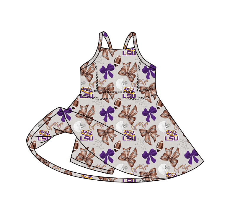 Preorder (moq 5)Baby Girls Strap Bows Footballs LSU Tigers Team Shorts Knee Length Dress
