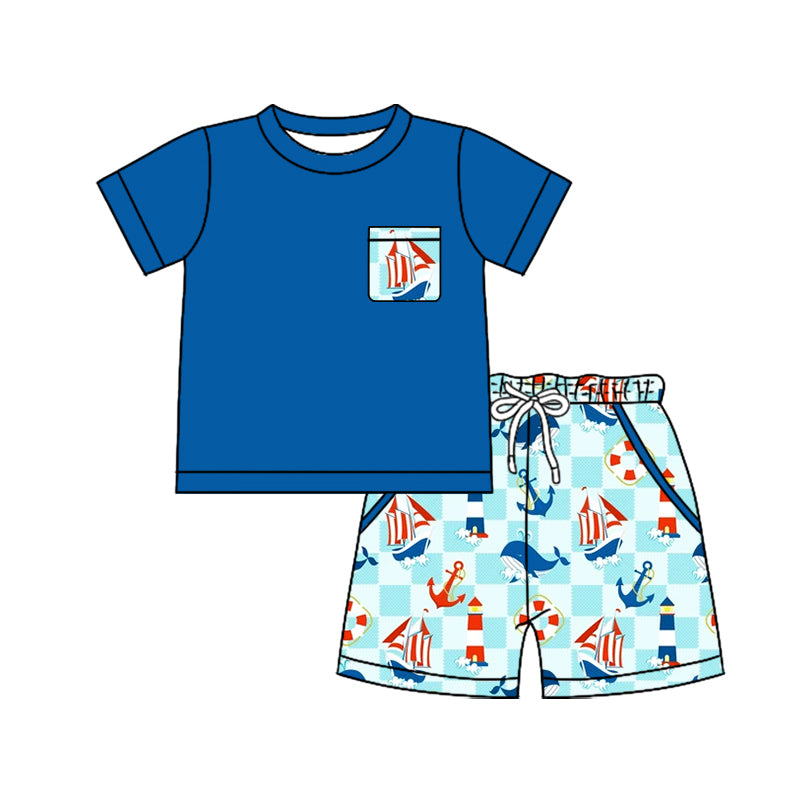 Preorder (moq 5)Baby Boys Shirts Top Boats Whales Blue Checked Clothes Set
