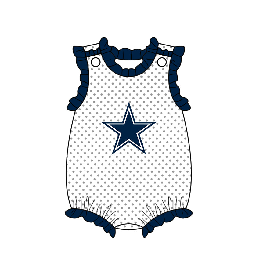 Preorder (moq 5)Baby Girls Polka Dots Stars Team Ruffle Rompers