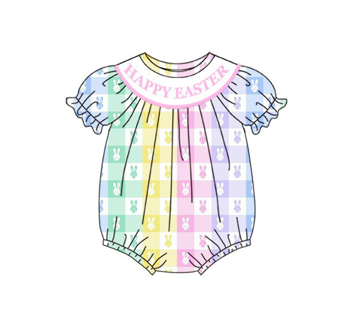 Preorder (moq 8)Baby Girls Colorful Rabbits Checked Happy Easter Ruffle Rompers