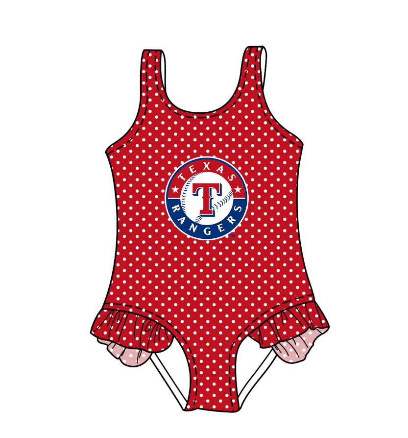 Preorder moq 5 Baby Girls Sleeveless Red Polka Dots Texas Team Swimsuits