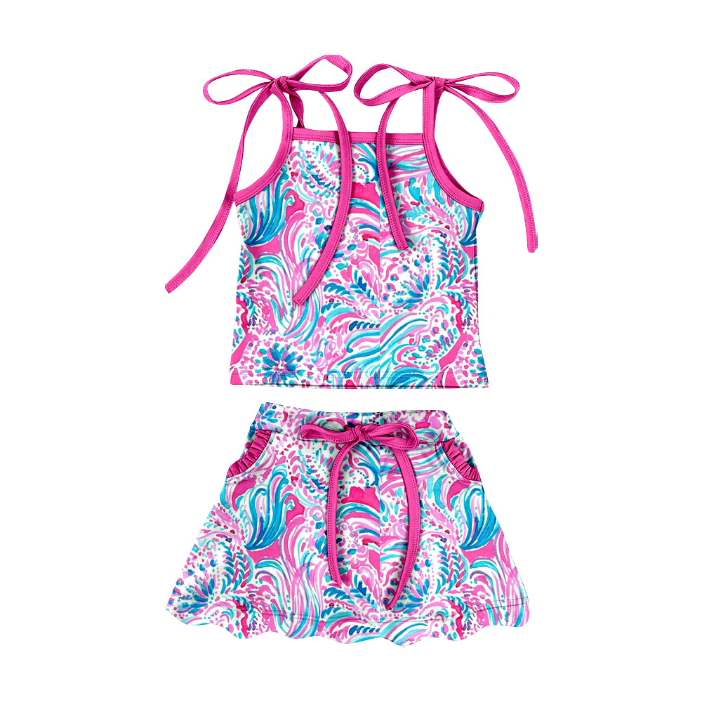 Preorder (moq 5)Baby Girls Strap Sea World Plants Top Pockets Scallop Skirt Shorts Swimsuits Clothes Set