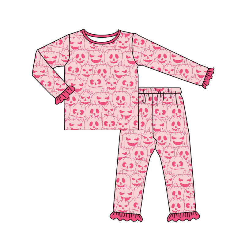 preorder(MOQ 5)Baby Girls Pink Long Ruffle Sleeves Pumpkins Plaid Top Pants Pajamas Set