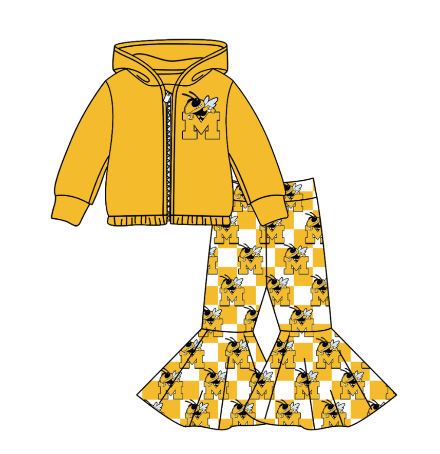 Preorder(moq 5) Baby Girls Yellow Bee M Zipper Hoodie Jacket Bell Bottom Pants Team Clothes Sets