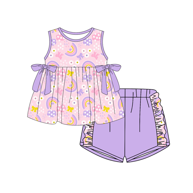 Preorder (moq 5)Baby Girls Sleeveless Flowers Rainbows Bows Tunic Ruffle Shorts Clothes Set