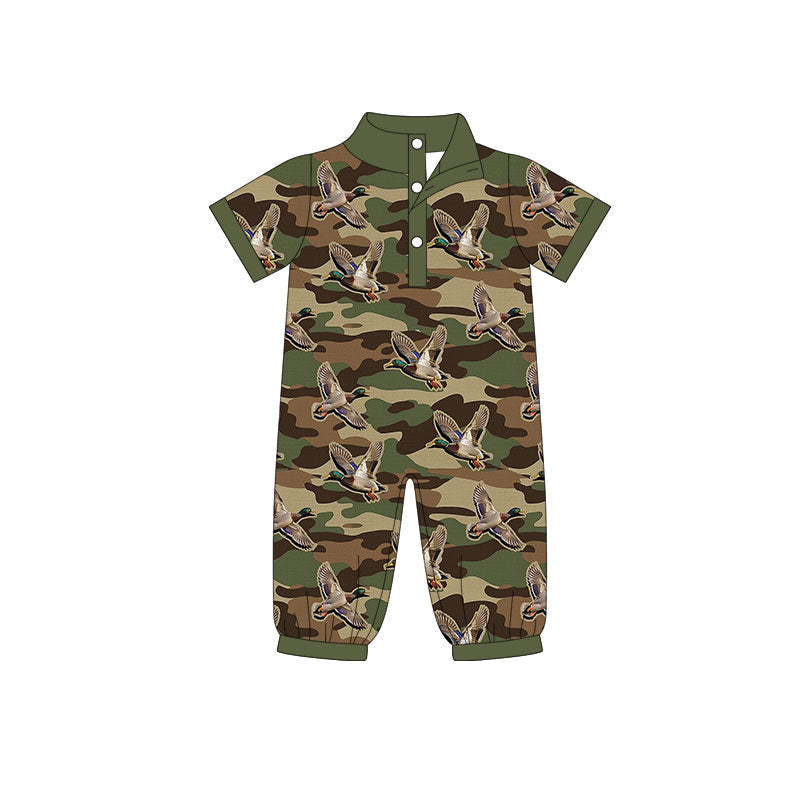 Preorder (moq 5)Baby Boys Dark Green Camo Ducks Button Hunting Footie Rompers