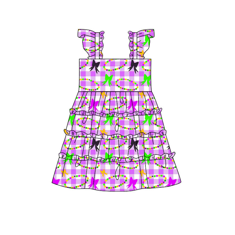 Preorder(moq 5) Baby Girls Mardigras Checked Bows Necklaces Patchwork Knee Length Dress