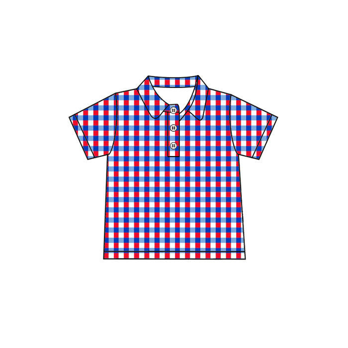 Preorder moq 5 Baby Boys Short Sleeve Red Blue Checked 4th of July Button Polo Shirt Top
