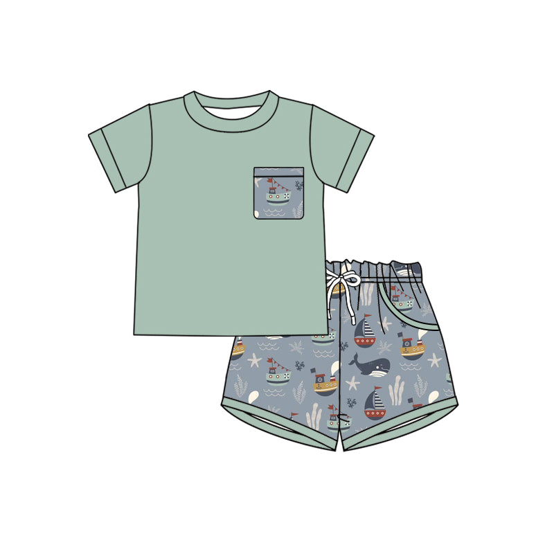 Preorder (moq 5)Baby Boys Short Sleeve Shirt Top Boats Pockets Shorts Clothes Sets