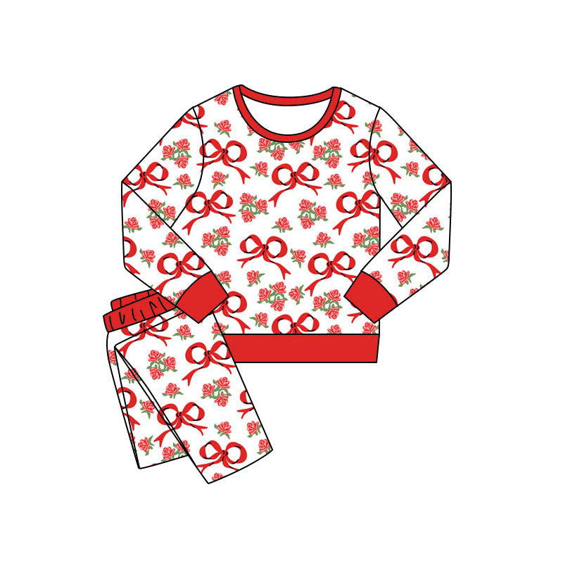 Preorder(moq 5) Baby Girls Red Bows Flowers Pants Valentines Pajamas Sets