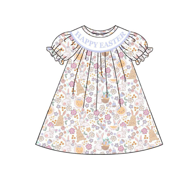 Preorder(moq 8)Baby Girls Flowers Rabbits Happy Easter Knee Length Dresses