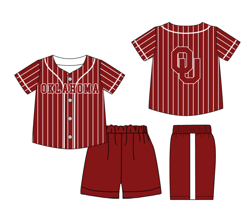 Preorder (moq 5)Baby Boys Red Stripe Oklahoma Button Top Shorts Team Clothes Sets