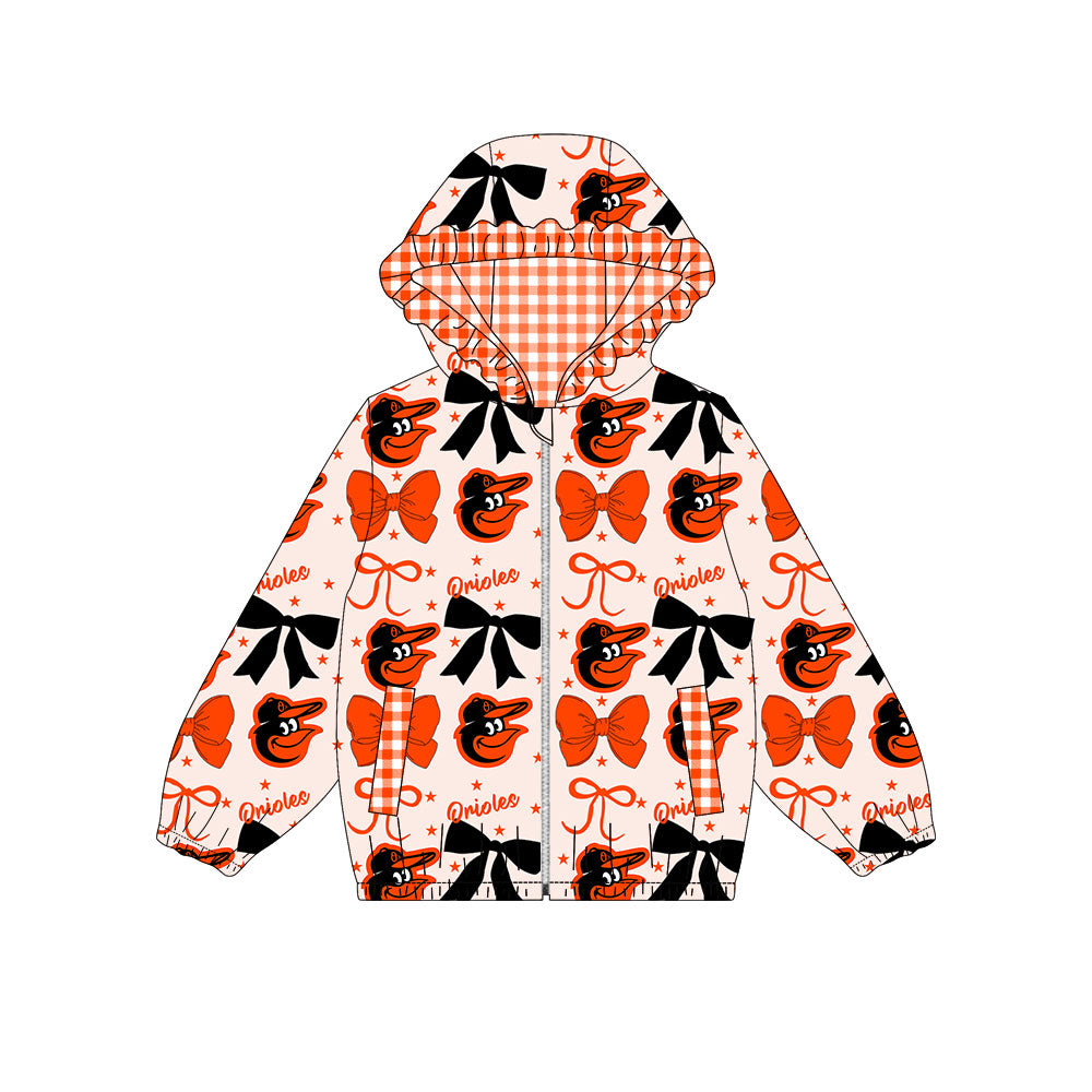 Preorder(moq 8)Baby Girls Orange Black Bows Orioles Pockets Zipper Team Ruffle Hoodies Jackets
