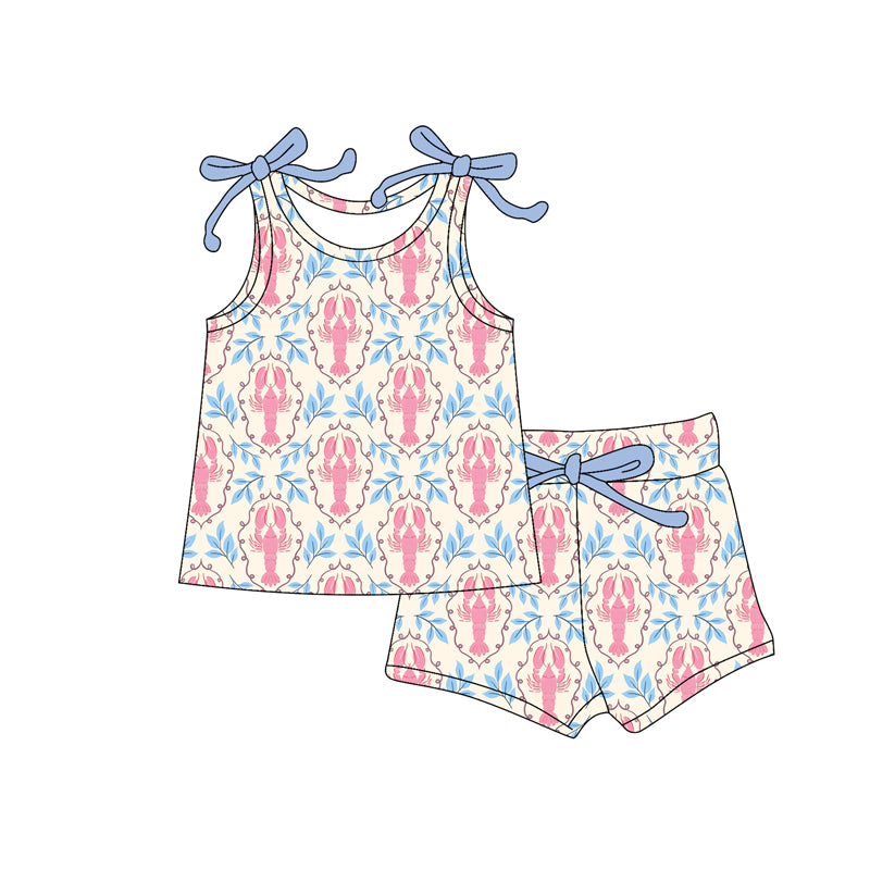 Preorder (moq 5)Baby Girls Sleeveless Flowers Crayfishes Checked Top Shorts Clothes Set