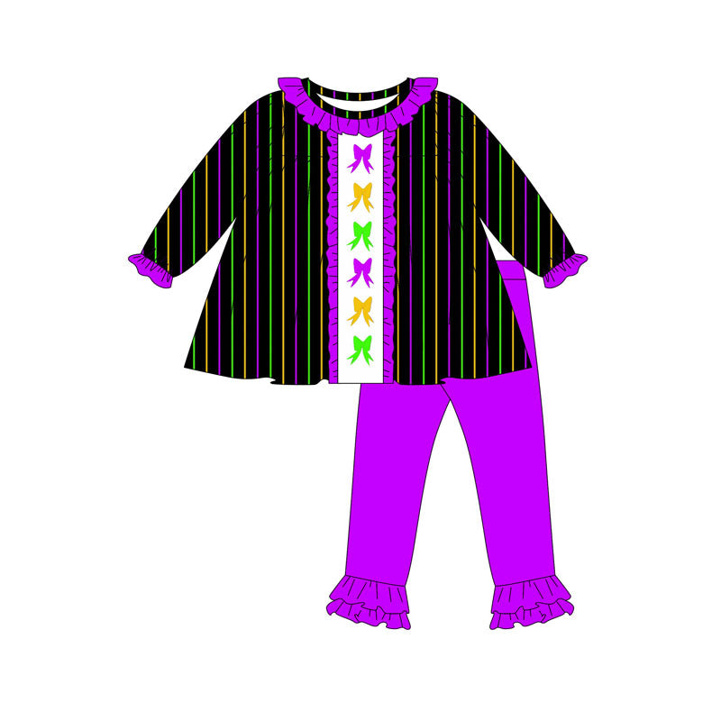 Preorder(moq 5) Baby Girls Mardigras Bows Stripes Collar Tunic Ruffle Leggings Clothes Set
