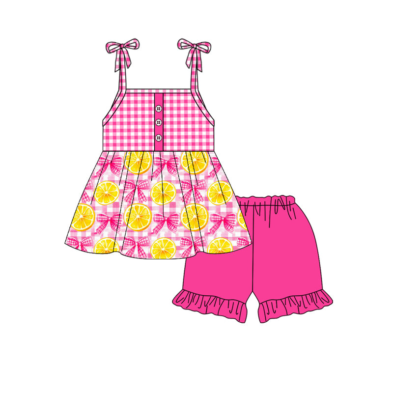 Preorder moq 5 Baby Girls Strap Pink Plaid Button Lemons Bows Tunic Ruffle Short Set