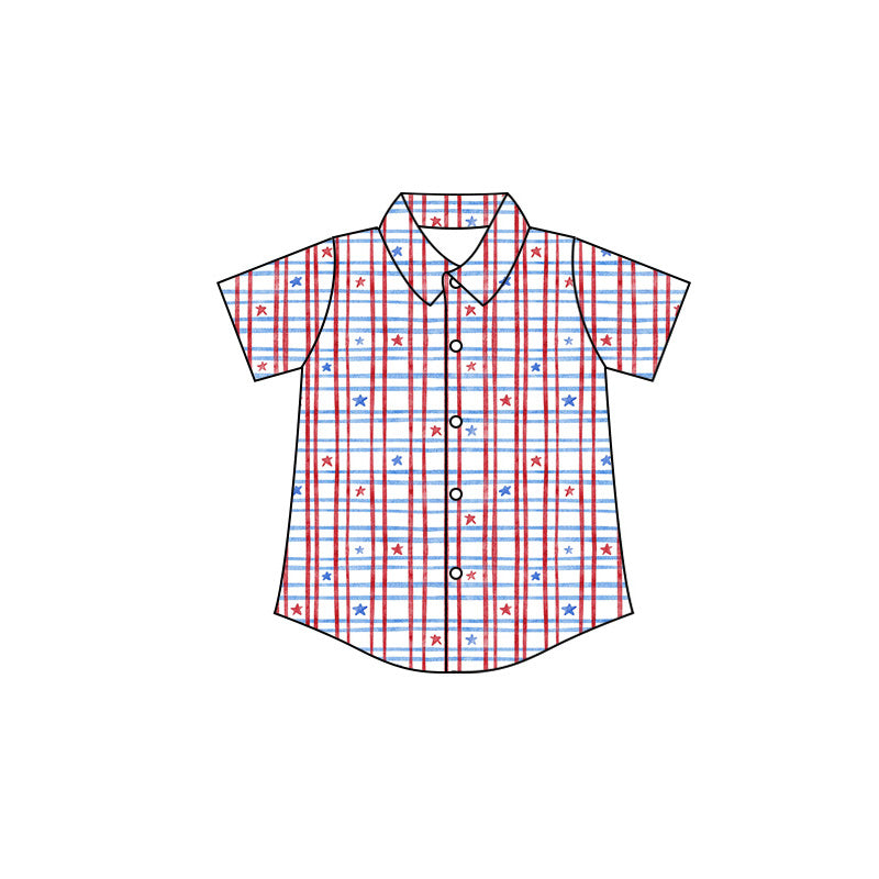 Preorder moq 5 Baby Boys Short Sleeve Red Blue Stars Checked 4th of July Button Shirt Top