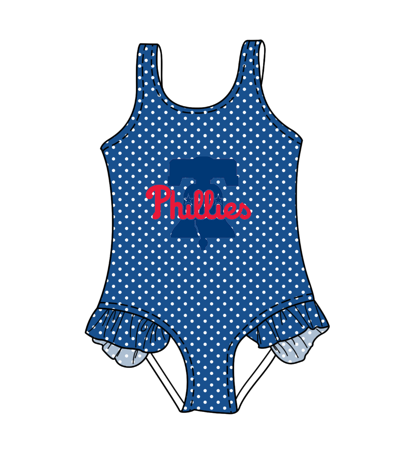 Preorder moq 5 Baby Girls Sleeveless Blue Polka Dots Phillies Team Swimsuits