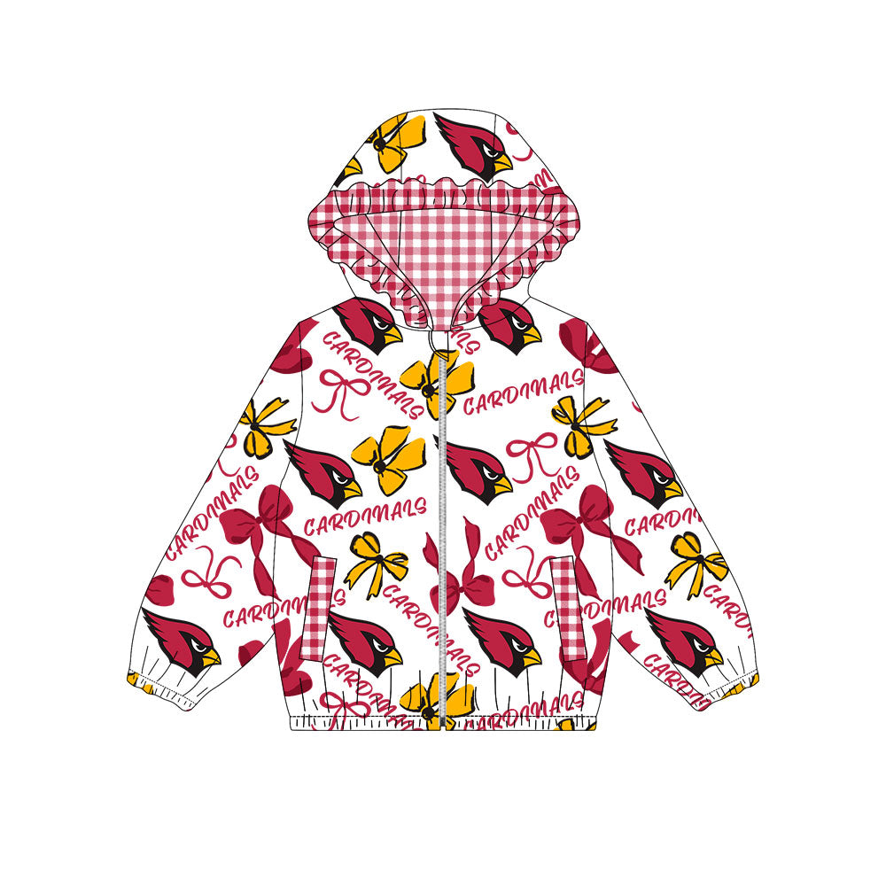 Preorder(moq 8)Baby Girls Gold Red Bows Cardinals Pockets Zipper Team Ruffle Hoodies Jackets
