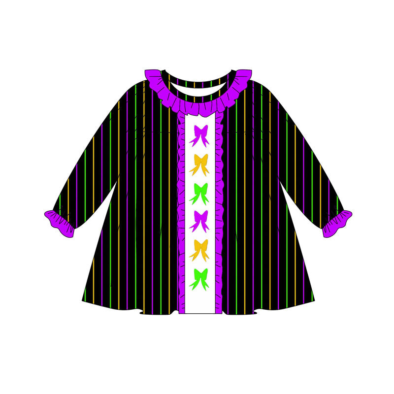 Preorder(moq 5) Baby Girls Mardigras Bows Stripes Ruffle Collar Knee Length Dresses