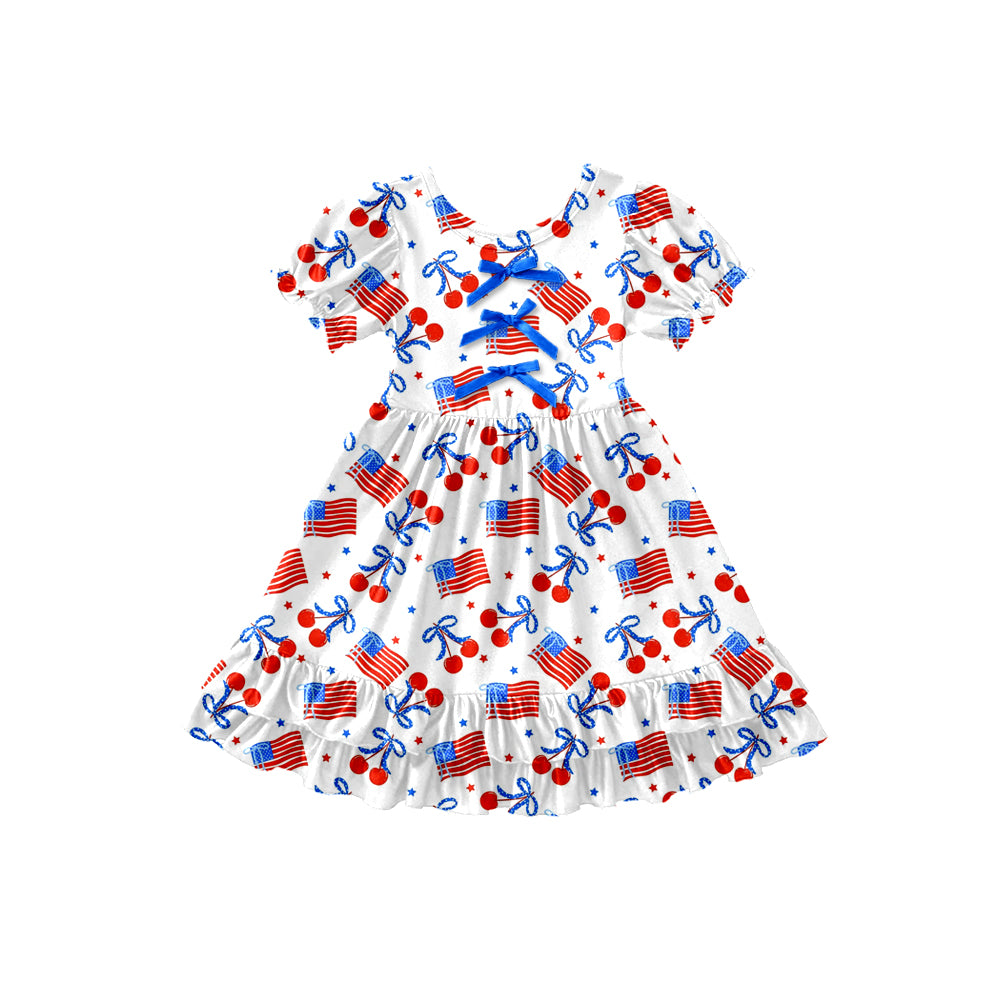 Preorder (moq 5)Baby Girls Flags Cherry 4th of July Ruffle Knee Length Dresses