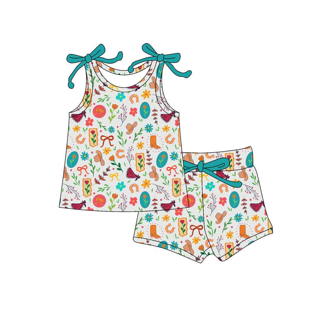 Preorder (moq 5)Baby Girls Flowers Boots Hats Top Shorts Western Clothes Sets