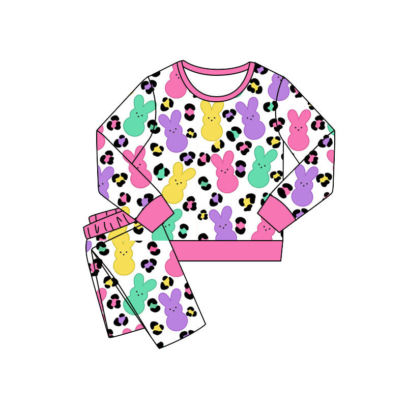 Preorder (moq 20)Baby Girls Bamboo Colorful Rabbits Leopard Easter Pants Pajamas Sets